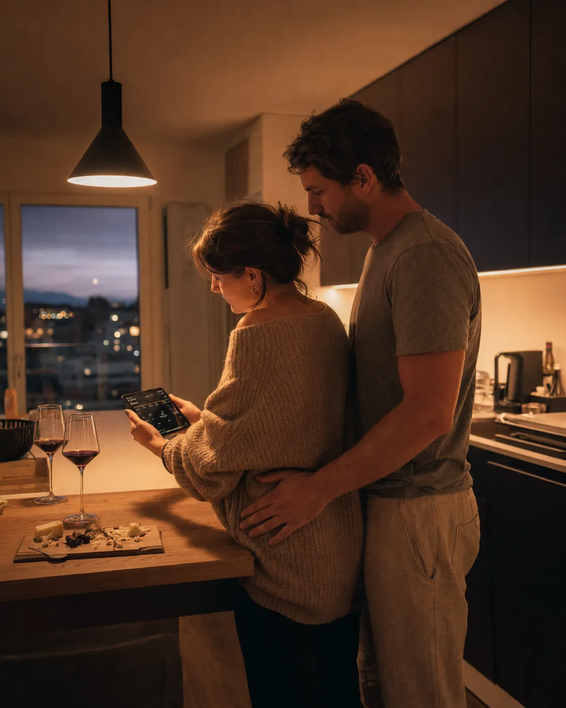 Couple dans une cuisine suisse en fin de journée, lumière chaude