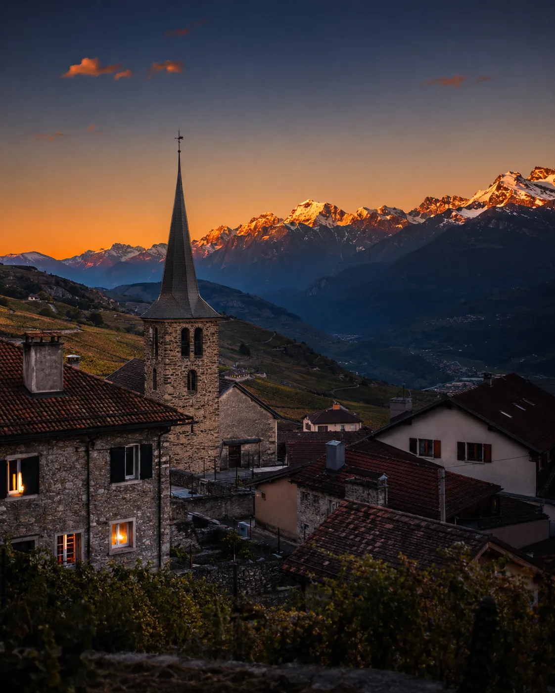 Village suisse au pied des Alpes vaudoises, lumière de fin de journée
