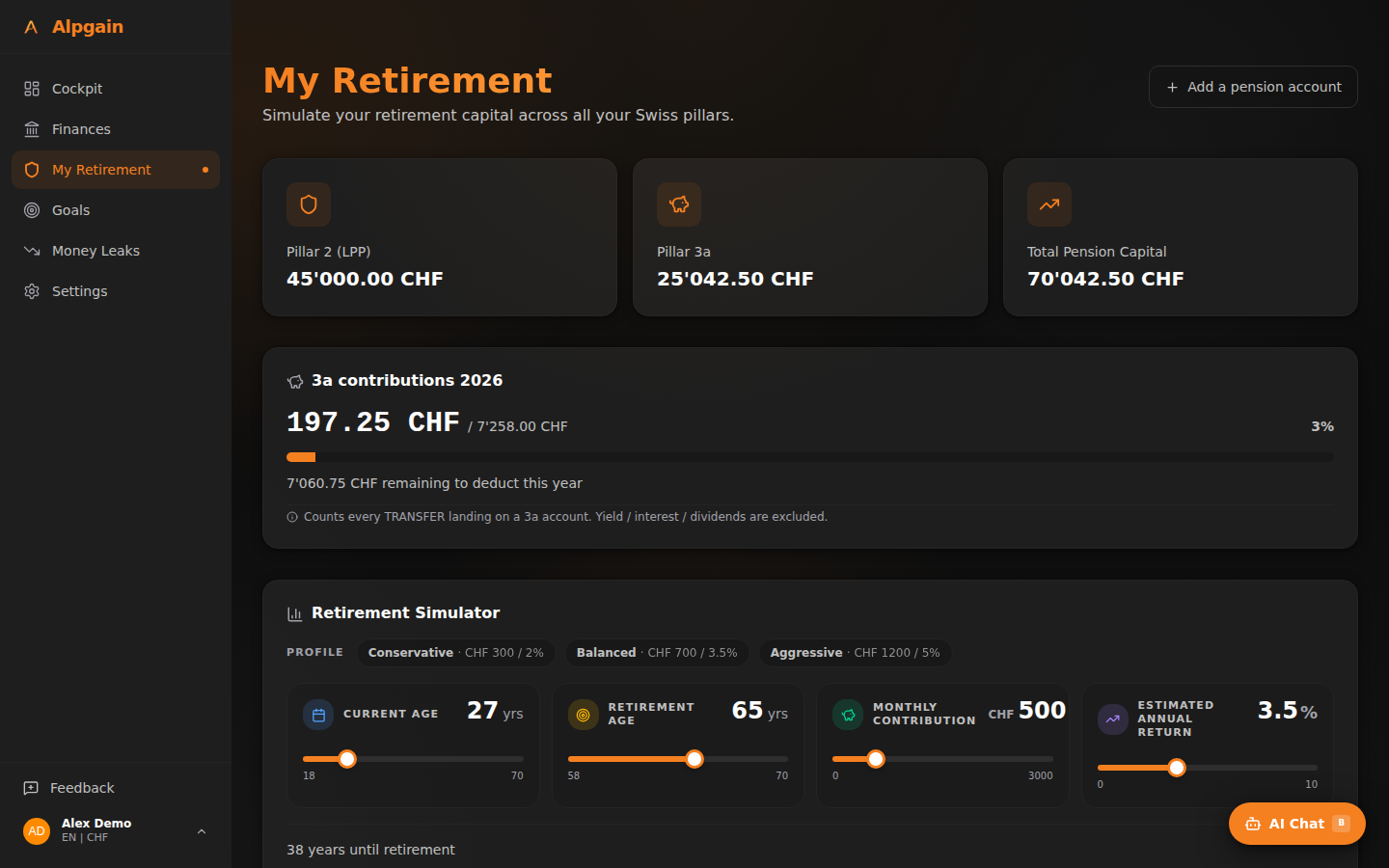 Ma retraite — capital 2e pilier, pilier 3a et simulateur